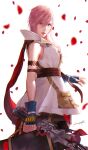  1girl blue_eyes breasts final_fantasy final_fantasy_xiii fingerless_gloves gloves highres hiromyan lightning_farron lips long_hair looking_at_viewer miniskirt petals pink_hair simple_background skirt solo weapon white_background 
