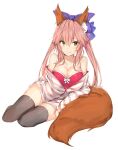  1girl animal_ears artist_request bow breasts cleavage closed_mouth eyebrows eyebrows_visible_through_hair fang fate/extra fate/grand_order fate_(series) fox_ears fox_girl fox_tail hair_bow hair_ornament highres kitsune looking_at_viewer non-web_source pink_hair silver_(chenwen) smile tail tamamo_(fate) yellow_eyes 