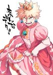  1boy absurdres bakugou_katsuki bangs blonde_hair boku_no_hero_academia cosplay crown dress earrings elbow_gloves gloves highres jewelry looking_at_viewer male_focus mario_(series) open_mouth pink_dress princess_peach princess_peach_(cosplay) red_eyes short_hair solo spiked_hair teeth text_focus translation_request twitter_username v-shaped_eyebrows white_gloves yazaki_(yazakc) 