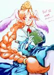  1girl animal_ears book braid breath_of_fire breath_of_fire_iii closed_mouth glasses gloves highres long_hair looking_at_viewer momo_(breath_of_fire) orange_hair rabbit_ears red_eyes robe simple_background smile solo 