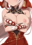  1girl aliza_(granblue_fantasy) breast_hold breasts cleavage granblue_fantasy head_out_of_frame highres large_breasts long_hair morisobo nipples no_bra one_breast_out simple_background solo very_long_hair white_background 