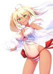  1girl ahoge artist_request bikini blonde_hair breasts cleavage dark-skinned_female dark_skin earrings eyebrows eyebrows_visible_through_hair fate/grand_order fate_(series) highres jewelry looking_at_viewer nero_claudius_(fate) nero_claudius_(swimsuit_caster)_(fate) non-web_source open_mouth smile swimsuit tan twintails white_background yellow_eyes 