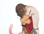  ! 2boys adventurer_(ff14) asymmetrical_clothes blue_skin blush brown_hair cat_tail colored_skin cross-laced_sleeves cross_scar ffxivys final_fantasy final_fantasy_xiv flying_sweatdrops from_side g&#039;raha_tia hand_on_another&#039;s_arm hood hood_up hug male_focus miqo&#039;te multicolored_skin multiple_boys scar scar_on_arm short_sleeves simple_background spikes tail upper_body white_background 