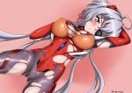  1girl absurdres breasts cameltoe cleavage closed_mouth cosplay covered_navel eyepatch gradient gradient_background highres kyomeihibiki large_breasts long_hair looking_at_viewer lying on_back plugsuit purple_eyes senki_zesshou_symphogear shiny shiny_hair silver_hair simple_background solo souryuu_asuka_langley souryuu_asuka_langley_(cosplay) yukine_chris 