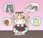  1girl abyssal_ship black_ribbon black_serafuku blonde_hair bokukawauso chibi enemy_lifebuoy_(kancolle) hair_flaps hair_ornament hair_ribbon hairclip highres johnny_(sibatay) kantai_collection long_hair neckerchief no_mouth notebook pencil pink_background red_eyes red_neckerchief ribbon sailor_collar school_uniform serafuku simple_background snake solo the_yuudachi-like_creature thought_bubble white_sailor_collar writing yura_(kancolle) yuudachi_(kancolle) yuudachi_kai_ni_(kancolle) 