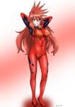  1girl absurdres amou_kanade arms_behind_head blush breasts cosplay covered_navel eyebrows_visible_through_hair full_body grin highres kyomeihibiki large_breasts long_hair looking_at_viewer plugsuit red_hair senki_zesshou_symphogear shiny shiny_hair smile solo souryuu_asuka_langley souryuu_asuka_langley_(cosplay) standing yellow_eyes 