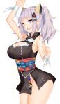  1girl arm_up bad_id bad_pixiv_id bangs black_shirt black_skirt blue_eyes breasts cleavage_cutout clothing_cutout cowboy_shot d-pad d-pad_hair_ornament fenrir_(fenrir042) from_side grey_hair hair_ornament kaguya_luna large_breasts looking_at_viewer open_mouth ribbon sash shirt short_hair simple_background skirt solo standing the_moon_studio twintails virtual_youtuber virtual_youtuber_shiten&#039;nou white_background white_ribbon wrist_ribbon 