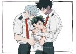  3boys artist_name bandaged_arm bandages black_hair boku_no_hero_academia collared_shirt commentary_request dabi_(boku_no_hero_academia) ear_piercing english_commentary freckles green_eyes green_hair green_pants grey_hair hand_on_another&#039;s_chest hand_on_another&#039;s_shoulder height_difference male_focus mantos_no.7 midoriya_izuku mixed-language_commentary multiple_boys necktie pants parted_lips piercing red_hair red_necktie scar school_uniform shigaraki_tomura shirt shirt_grab short_hair short_sleeves simple_background spiked_hair stapled sweat tears thai_commentary u.a._school_uniform watermark white_background white_shirt yaoi 