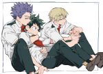  3boys blonde_hair boku_no_hero_academia brown_footwear closed_mouth collared_shirt commentary_request english_commentary freckles green_eyes green_hair green_pants grey_eyes hand_on_ground holding_hands hug looking_at_another male_focus mantos_no.7 midoriya_izuku mixed-language_commentary monoma_neito multiple_boys necktie pants parted_lips purple_eyes purple_hair red_necktie school_uniform shinsou_hitoshi shirt shoes short_hair short_sleeves simple_background sitting smile sweat thai_commentary u.a._school_uniform white_background white_shirt yaoi 