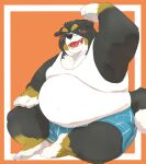  2022 anthro belly big_belly black_body black_nose blush brown_body canid canine canis clothing domestic_dog eyes_closed eyewear glasses hi_res humanoid_hands kemono male mammal o_miso_n obese obese_male overweight overweight_male shirt sitting solo topwear underwear white_body 