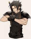  1boy armor bangs belt black_gloves black_hair blue_eyes crisis_core_final_fantasy_vii earrings final_fantasy final_fantasy_vii gloves highres inuue15 jewelry lower_teeth multiple_belts muscular muscular_male own_hands_together parted_bangs shoulder_armor single_earring sleeveless sleeveless_turtleneck smile solo spiked_hair suspenders teeth turtleneck upper_body upper_teeth weapon weapon_on_back zack_fair 