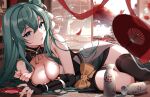  1girl bangs black_gloves black_legwear blue_eyes breasts cleavage cleavage_cutout clothing_cutout cup dress elbow_gloves fingerless_gloves gloves green_dress hair_between_eyes highres indie_virtual_youtuber kiyochii large_breasts lying misu_(vtuber) on_side parted_lips paw_print sakazuki side_bun solo symbol-only_commentary thighhighs umbrella virtual_youtuber 