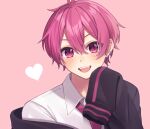  1boy blush collared_shirt ear_piercing earrings facing_viewer fang heart highres ireisu jewelry long_sleeves looking_at_viewer male_focus naiko_(ireisu) necktie o8uin open_mouth piercing pink_background shirt short_hair sleeves_past_fingers sleeves_past_wrists smile solo white_shirt 
