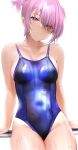  1girl alternate_costume alternate_hairstyle backlighting blue_swimsuit breasts cleavage closed_mouth commentary covered_navel cowboy_shot expressionless eyebrows_visible_through_hair eyes_visible_through_hair fate/grand_order fate_(series) hair_between_eyes half_updo highres light_purple_hair looking_at_viewer mash_kyrielight medium_breasts one-piece_swimsuit ponytail preview_(preview0) purple_eyes scrunchie short_hair simple_background sitting solo swimsuit thighs wet wet_clothes wet_swimsuit white_background 