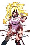  1girl belt black_legwear blonde_hair blood blood_on_face blood_on_hands blood_on_leg boku_no_hero_academia breasts burnin_(boku_no_hero_academia) crazy_eyes dress fangs fiery_hair hairband impaled injury kingbawoon knees_up korean_commentary large_breasts long_hair looking_at_viewer mast open_mouth simple_background solo standing teeth thighhighs thighs torn_clothes torn_dress torn_legwear v-shaped_eyebrows white_background white_dress 