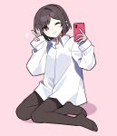  1girl bangs blush bow braid brown_eyes brown_hair brown_legwear cellphone closed_mouth commentary_request dress_shirt hair_bow holding holding_phone looking_at_viewer no_pants no_shoes one_eye_closed pantyhose phone pink_background project_sekai selfie shinonome_ena shirt sitting sleeves_past_wrists smartphone smile solo sparkle v waka_(wk4444) white_bow yokozuwari 