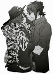  2boys ardyn_izunia bangs blue_eyes child final_fantasy final_fantasy_xv floral_print gloves greyscale hair_between_eyes hat highres holding holding_clothes holding_hat inuue15 jacket monochrome multiple_boys noctis_lucis_caelum parted_bangs parted_lips short_sleeves spiked_hair upper_body white_background yellow_eyes younger 