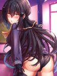  1girl :o ass bangs black_hair black_panties black_shirt blush breasts dandelion_(girls&#039;_frontline) desk eyebrows_visible_through_hair feet_out_of_frame girls&#039;_frontline highres leaning_forward long_hair looking_back mechanical_arms medium_breasts no_pants nyto_(girls&#039;_frontline) open_mouth panties paradeus school school_desk school_uniform serafuku shirt sideboob solo standing thighhighs underwear xlscaler yellow_eyes 