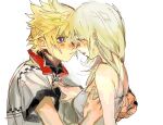  1boy 1girl blonde_hair blue_eyes blush breasts couple dress hair_between_eyes hand_on_another&#039;s_chest hands_on_another&#039;s_back high_collar imminent_kiss kingdom_hearts kingdom_hearts_ii medium_breasts medium_hair namine open_collar roxas short_sleeves spiked_hair talesofmea upper_body white_background white_dress 