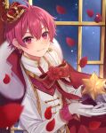  1boy blush crown ear_piercing earrings gloves highres ireisu jewelry long_sleeves looking_at_viewer male_focus naiko_(ireisu) o8uin piercing pink_eyes pink_hair prince royal_robe shirt short_hair sky solo star_(sky) star_(symbol) starry_sky white_shirt 