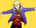  1boy black_pants blonde_hair coat cowboy_shot fur-trimmed_coat fur_collar fur_trim gradient grin long_sleeves male_focus open_clothes open_coat outstretched_arms pants persona persona_5 sakamoto_ryuuji shirt simple_background smile solo spread_arms teeth tsugu_106 yellow_background yellow_eyes 