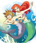  1boy 1girl ariel_(disney) asymmetrical_bangs bangs bare_arms blue_eyes breasts brown_hair bubble cleavage fish_tail green_eyes hair_between_eyes highres kingdom_hearts lipstick locked_arms long_hair makeup medium_breasts mermaid midriff monster_girl navel open_mouth outstretched_arm red_hair shark_tail shell shell_bikini smile sora_(kingdom_hearts) spiked_hair tail talesofmea topless_male underwater 