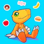  1:1 absurd_res agumon anthro apple banana bandai_namco burger candy claws dessert digimon digimon_(species) doughnut food fruit green_eyes hi_res male notdaizo plant sitting solo yellow_body 