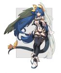  1girl artist_name asymmetrical_wings bangs bare_shoulders black_legwear blue_hair blunt_bangs blush border bow breasts chinese_commentary choker cleavage commentary_request detached_collar detached_sleeves dizzy_(guilty_gear) eyebrows_visible_through_hair eyelashes feathers full_body guilty_gear guilty_gear_xrd hair_between_eyes hair_bow hair_ornament hand_on_own_chest highres large_breasts legs_together long_hair long_sleeves looking_at_viewer midriff mismatched_wings navel off_shoulder parted_lips red_eyes ribbon smile solo tail tail_bow tail_ornament takamiyadaira thigh_gap thighhighs twitter_username very_long_hair white_border white_footwear wide_sleeves wings yellow_ribbon 