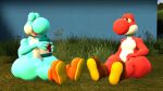 16:9 3d_(artwork) anthro astro_catmew big_nose boots boots_only bored_expression clothing digital_media_(artwork) duo eyes_closed footwear footwear_only front_view grass hand_on_leg hand_on_thigh hi_res looking_at_another male male/male mario_bros mostly_nude nintendo plant public relaxing side_butt sitting sitting_on_grass sitting_on_ground sniffing source_filmmaker super_smash_bros. thick_thighs video_games wide_hips widescreen yoshi yoshi_(character) 