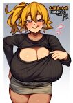  1girl :&gt; absurdres alternate_breast_size black_sweater blonde_hair blush breasts cleavage cleavage_cutout clothing_cutout gradient gradient_background grey_eyes hand_on_hip heart heavy_breathing highres huge_breasts kagerou_project kisaragi_momo koohiitei_shinbo leaning_forward licking_lips meme_attire miniskirt open-chest_sweater pantyhose ribbed_sweater seductive_smile short_hair side_ponytail simple_background skirt smile solo sweat sweater tongue tongue_out translation_request 