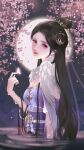  1girl absurdres black_hair bug butterfly dress expressionless facial_mark forehead_mark hair_bun hair_ornament highres long_hair looking_at_viewer lu_xueqi_(zhu_xian) lu_xueqi_tongren_ye purple_dress ripples sash solo upper_body water zhu_xian 