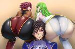  1boy 2girls absurdres ass bent_over black_hair blush bodysuit c.c. cameltoe code_geass from_behind green_hair highres impossible_bodysuit impossible_clothes impossible_leotard iwao178 kallen_stadtfeld lelouch_lamperouge leotard long_hair looking_back multicolored_bodysuit multicolored_clothes multiple_girls purple_eyes red_hair shiny shiny_clothes shiny_hair shiny_skin short_hair skin_tight skindentation smile white_leotard yellow_eyes 