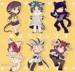 1girl 5boys animal_ear_fluff animal_ears animal_hands animal_print antlers arms_at_sides back_bow bangs bird_tail black_footwear black_hair black_horns black_necktie black_pants black_scarf black_sclera blonde_hair blue_eyes bob_cut bow brown_pants brown_shorts cat_ears cat_tail chibi clenched_hands clenched_teeth coat colored_sclera cosplay_request diagonal_bangs drawstring dress elbow_gloves enedra extra_ears facing_viewer feather_hair fighting_stance full_body geta gloves gradient_pants green_eyes green_hair grey_coat hair_slicked_back hairein hand_up holding holding_weapon hood hood_up hoodie horns hyuse inumaru_akagi jacket kneehighs lamvanein leopard_print light_brown_hair lizard_tail long_sleeves looking_at_viewer looking_away looking_to_the_side mira_(world_trigger) mismatched_sclera multicolored_hair multiple_boys multiple_horns necktie old old_man oni_horns orange_eyes outstretched_arms pants parted_bangs paw_pose pocket print_scarf red_eyes red_hair scarf shoes short_hair shorts sidelocks sleeveless sleeveless_dress standing standing_on_one_leg streaked_hair striped_necktie tail teeth tiger_stripes twitter_username two-tone_pants viza weapon white_footwear white_gloves white_horns white_jacket white_pants world_trigger yellow_background yellow_dress yellow_eyes yellow_gloves yellow_scarf 