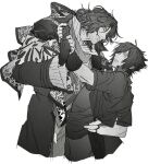  2boys ardyn_izunia bangs blue_eyes closed_eyes facial_hair final_fantasy final_fantasy_xv fingerless_gloves floral_print gloves greyscale hair_between_eyes hand_on_another&#039;s_back highres holding_another&#039;s_wrist inuue15 jacket monochrome multiple_boys muscular muscular_male noctis_lucis_caelum parted_bangs short_hair short_sleeves smile spiked_hair stubble upper_body white_background wide-eyed yaoi 
