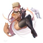  1girl animal_ears arm_scarf black_gloves black_legwear blue_eyes blush boots brown_coat carrying cat cat_ears cat_tail closed_mouth coat filin fingerless_gloves fingernails fur_hat gloves guilty_gear guilty_gear_strive hat highres invisible_chair leggings long_hair millia_rage pantyhose scarf simple_background sitting solo tail ushanka white_background 