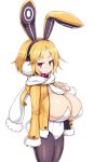  alternate_breast_size animal_ears black_legwear blonde_hair bow bowtie breasts bright_pupils cleavage covered_navel disgaea dot_mouth fake_animal_ears fur_trim highres huge_breasts jacket open_clothes open_jacket oppai_loli pantyhose playboy_bunny purple_eyes rabbit_ears sawati scarf short_eyebrows short_hair simple_background usalia_(disgaea) white_background 