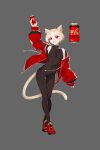  1girl absurdres animal_ears arm_up blonde_hair bodysuit breasts can cat_ears cat_tail coca-cola covered_navel deel_(rkeg) grey_background highres holding holding_can jacket looking_at_viewer medium_breasts off_shoulder open_clothes open_jacket open_mouth original personification red_eyes short_hair solo tail 
