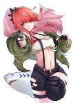  1girl bandeau bangs bare_shoulders black_gloves black_shorts breasts cleavage commentary_request eyebrows_visible_through_hair fingerless_gloves gloves green_jacket grey_eyes gun handgun highres holding holding_gun holding_weapon jacket lain_paterson long_hair long_sleeves looking_at_viewer medium_breasts men_ta_pasudai midriff navel nijisanji off_shoulder open_clothes open_fly open_jacket parted_lips pistol ponytail pouch red_hair short_shorts shorts sidelocks simple_background solo stomach strapless stuffed_animal stuffed_shark stuffed_toy suspenders thigh_strap thighhighs thighs tube_top weapon white_background 