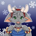  anthro antler_headband blue_clothing blue_shirt blue_topwear breasts clothing domestic_cat ears_down eyelashes felid feline felis female fur green_eyes grey_body grey_fur hi_res jingle_bell_collar jingle_bell_wristband looking_up mammal open_mouth pivoted_ears raveneevee sheilah_(5h3i1ah) shirt signature simple_background snowflake solo topwear trans_(lore) trans_woman_(lore) 