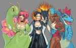  3girls annie_lyce black_hair breasts claws cleavage dark-skinned_female dark_skin dress feraligatr fire grey_background highres jacket leotard long_hair meganium midriff multicolored_hair multiple_girls open_mouth pokemon pokemon_(creature) pokemon_(game) ress sharp_teeth smile teeth two-tone_hair typhlosion 