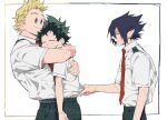  3boys amajiki_tamaki artist_name black_hair blonde_hair blue_eyes boku_no_hero_academia cheek_press closed_eyes closed_mouth commentary_request freckles green_hair green_pants hug looking_at_another male_focus mantos_no.7 midoriya_izuku multiple_boys necktie open_mouth pants pointy_ears red_necktie school_uniform shirt shirt_grab short_hair short_sleeves simple_background smile sweat thai_commentary togata_mirio u.a._school_uniform watermark white_background white_shirt yaoi 