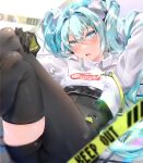  1girl absurdres asymmetrical_bodysuit black_bodysuit blue_eyes blue_hair blush bodysuit boots caution_tape crop_top cropped_jacket crossed_legs eyebrows_visible_through_hair eyelashes flame_print goodsmile_racing hatsune_miku highres keep_out long_hair looking_at_viewer open_mouth racing_miku racing_miku_(2022) single_thigh_boot single_thighhigh skindentation thigh_boots thighhighs thighs twintails two-tone_gloves vocaloid yusha_(lv1_yusha_522) 