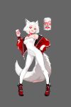  1girl absurdres animal_ears bare_shoulders breasts can coca-cola collar deel_(rkeg) fangs fox_ears fox_tail grey_background highres holding holding_can jacket looking_at_viewer medium_breasts off_shoulder open_clothes open_jacket open_mouth original personification red_eyes short_hair solo strapless tail unitard white_hair 