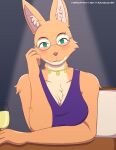  absurd_res anthro blush breasts canid canine clothing diane_foxington digital_media_(artwork) dreamworks female fox green_eyes hi_res looking_at_viewer mammal red_fox romantic simple_background smile solo text the_bad_guys travis_mayer url 