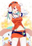  1girl :d armpits arms_behind_head arms_up bangs bare_shoulders beret chef_hat commentary crop_top detached_sleeves eyebrows_visible_through_hair green_hair hat hololive hololive_english kutata long_sleeves looking_at_viewer midriff mini_hat navel orange_hair orange_headwear orange_shirt orange_skirt puffy_long_sleeves puffy_sleeves purple_eyes shirt skirt sleeveless sleeveless_shirt smile solo takanashi_kiara thighhighs tilted_headwear virtual_youtuber white_headwear white_legwear white_sleeves 