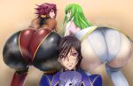  1boy 2girls ass bent_over black_hair blush bodysuit c.c. cameltoe code_geass from_behind green_hair highres impossible_bodysuit impossible_clothes impossible_leotard iwao178 kallen_stadtfeld lelouch_lamperouge leotard long_hair looking_back multicolored_bodysuit multicolored_clothes multiple_girls purple_eyes red_hair shiny shiny_clothes shiny_hair shiny_skin short_hair skin_tight skindentation smile steaming_body white_leotard yellow_eyes 