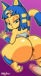  2022 3_toes 5_fingers alternate_version_at_source animal_crossing ankha_(animal_crossing) anthro anthro_focus anus big_butt blue_eyes blue_hair butt chest_wraps claws disembodied_penis domestic_cat duo egyptian erection feet felid feline felis female female_focus fingers gaping gaping_anus genitals hair hi_res humanoid_genitalia humanoid_penis imminent_sex looking_back male male/female mammal markings mellojellowo nintendo penis plump_labia pussy rear_view solo_focus striped_markings striped_tail stripes tail_markings toe_claws toes uraeus video_games wraps yellow_body 