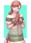  1girl breasts brown_eyes brown_gloves brown_hair dress gensou_suikoden gensou_suikoden_iii gloves green_dress highres long_hair looking_at_viewer sakai_(motomei) smile solo yumi_(suikoden) 