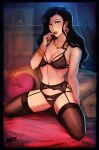  1girl asami_sato avatar_(series) bed black_hair black_legwear bra bracelet breasts cleavage curtains finger_to_mouth garter_belt garter_straps highres iahfy jewelry lace-trimmed_bra lace-trimmed_panties lace_trim lipstick makeup necklace panties parted_lips pillow smile solo spread_legs the_legend_of_korra thighhighs underwear 