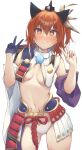  1girl @_@ armor black_gloves blush breast_curtains breasts cosplay cowboy_shot double_v eyebrows_visible_through_hair fate/grand_order fate_(series) fujimaru_ritsuka_(female) gloves hair_between_eyes hair_ornament highres japanese_armor kusazuri long_hair looking_at_viewer midriff navel orange_hair panties pinta_(ayashii_bochi) revealing_clothes side_ponytail single_glove sweatdrop underwear ushiwakamaru_(fate) ushiwakamaru_(fate)_(cosplay) v white_background white_panties 